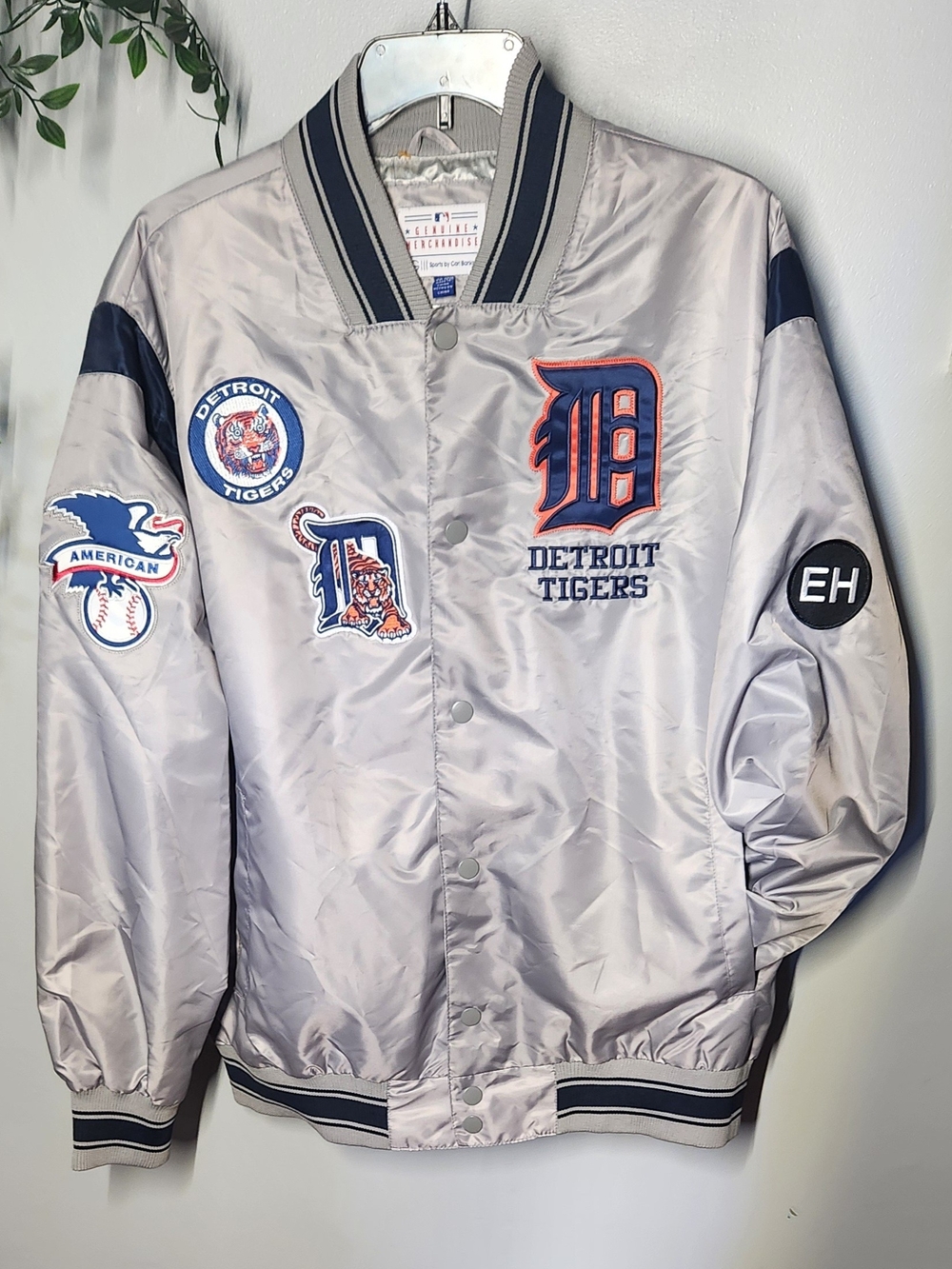 Detroit Tigers Satin Bomber Jacket - Silver with Navy & Orange Patches Mens 2X